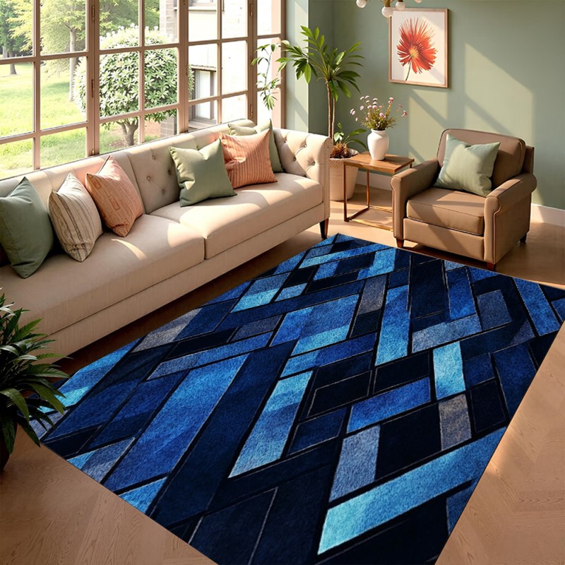 Esports Gaming Room - Nordic Blue Geometric Patchwork Area Rug